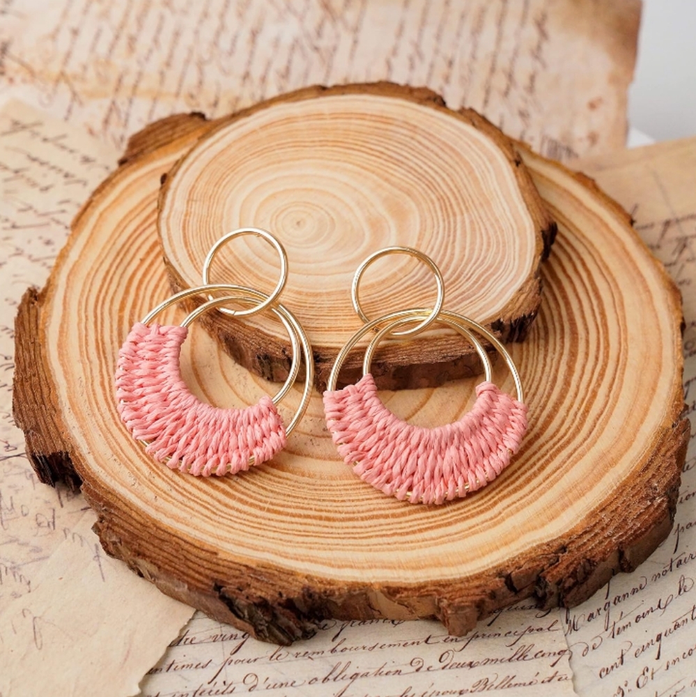 Pink Woven Raffia Gold Hoop Earrings Wicker Hoops Links Post Vacation Style New